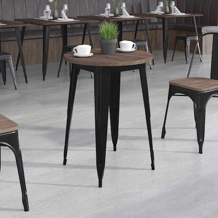 Flash Furniture Round Round Black Metal Indoor Table with Waln, 24" W, 24" L, 30.5" H, Wood, Wood Grain CH-51080-29M1-BK-GG